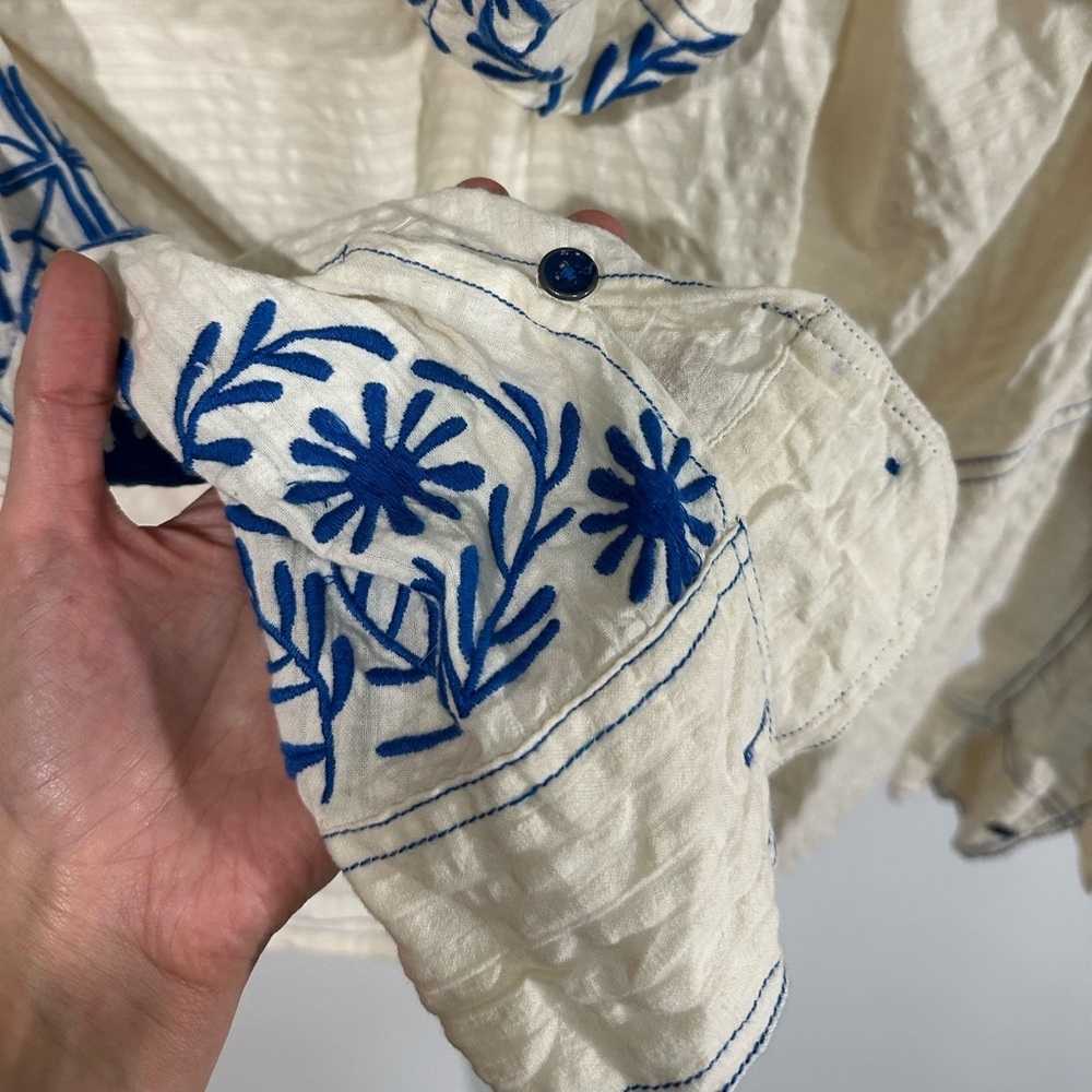 Free People Cream Hoodie with Blue Floral Embroidery - Picture 5 of 8